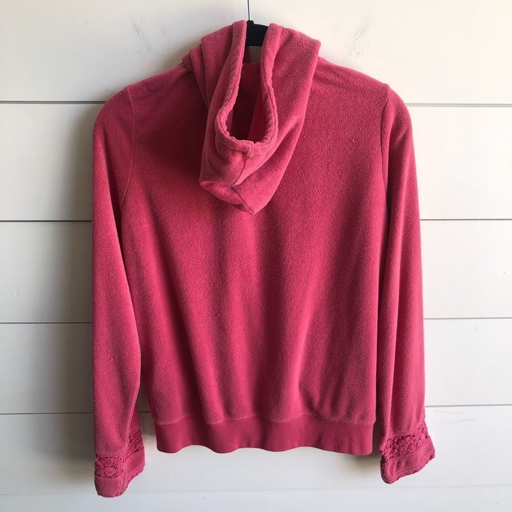 BCBG Terrycloth Zip Front Hoodie with Lace Sleeves - Picture 4 of 5